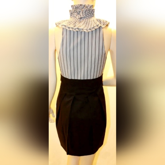 BCBGMaxazria Business/Office Dress Ruffle Neck Tie Waist Pleated Gray/Black 4/S - Picture 8 of 16